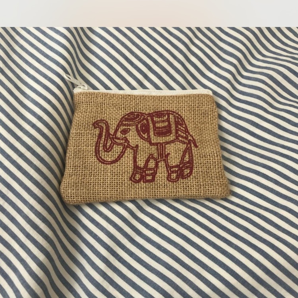 Elephant Embroidered Burlap Pouch